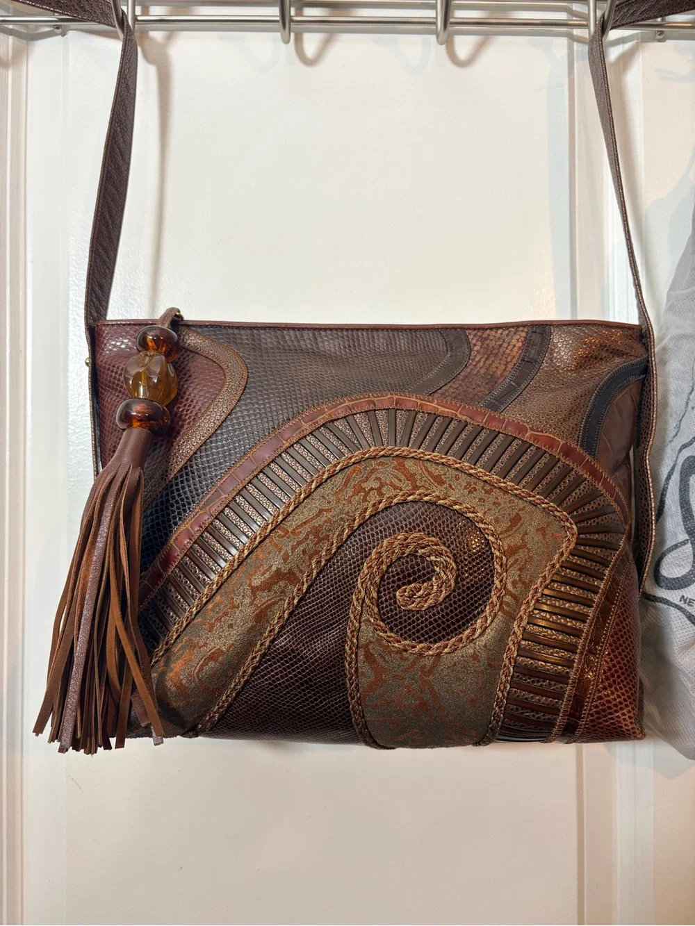 Vintage 80s Sharif Patchwork Leather Shoulder Bag Croc Snake Spiral